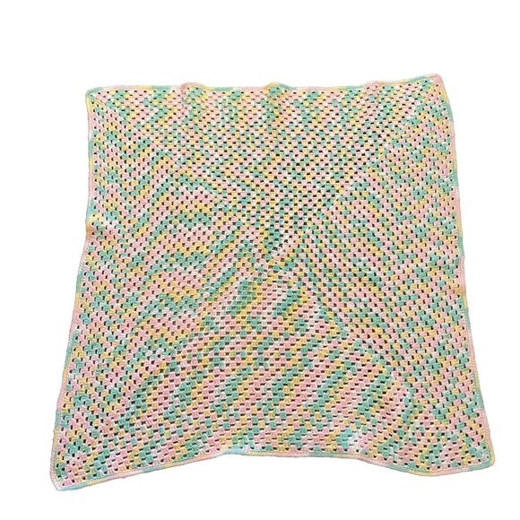 Handmade Pastel Pink Green Yellow Afghan Baby Blanket Throw 43" x 45" - Picture 1 of 4